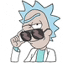 rick morty from rick and morty is wearing sunglasses and a white coat .