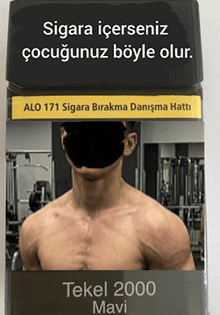 a package of tekel 2000 mavi cigarettes with a man without a shirt