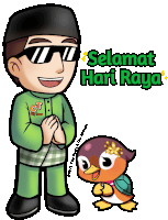 a cartoon of a man and a turtle with the words selamat hari raya written above them