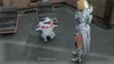 a video game character is standing in a room with a play button on the bottom