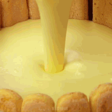 a yellow liquid is being poured into a cake with mr.cakes written on the bottom