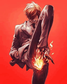 a drawing of a man in a suit kicking with flames coming out of his shoe