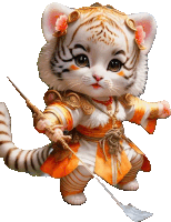 a cartoon tiger with a sword and a flower in its hair