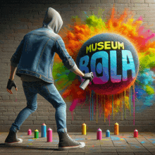 a man is spray painting a large ball that says museum bola