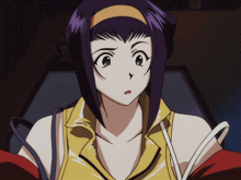 a close up of a cartoon character with purple hair and green eyes