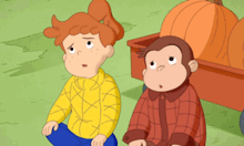 a boy and a monkey are sitting next to a pumpkin