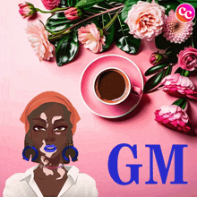 a woman with vitiligo sits in front of a cup of coffee and flowers