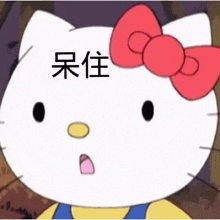 a close up of a hello kitty cartoon character with a red bow .