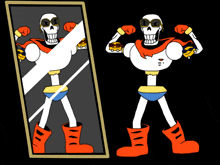 a cartoon of a skeleton wearing sunglasses and boots flexing his muscles in front of a mirror