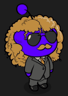 a cartoon drawing of a purple character with curly hair and sunglasses