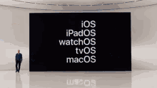 a man stands in front of a large screen which says ios ipados watchos tvos macos