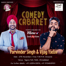 an advertisement for a comedy cabaret featuring parvinder singh & vijay yadav