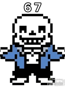 a pixel art of a skeleton with the number 67 on top of his head