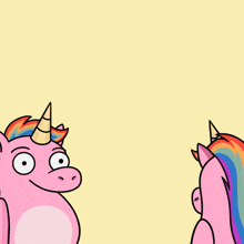 a cartoon of two pink unicorns with rainbow mane and horns