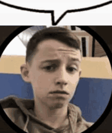 a young boy is making a funny face in a circle .