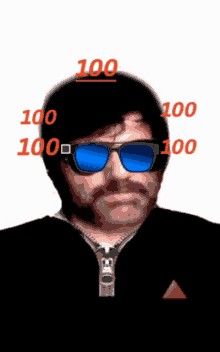 a man wearing sunglasses and a black jacket with the number 100 on his head