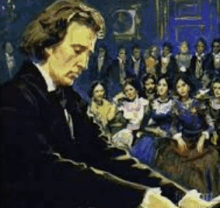 a painting of a man playing the piano in front of a crowd of people .