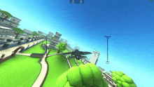 a screenshot of a video game shows a plane flying over a city