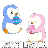 a blue and pink penguin holding an easter egg with the words happy easter below them
