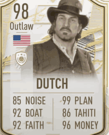 a card for outlaw dutch has a picture of a man in a cowboy hat on it