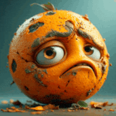 a close up of an orange with a sad face