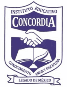 the logo for instituto educativo concordia is a shield with two hands shaking