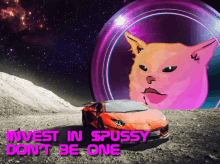 a picture of a cat on the moon with the words invest in pussy don t be one