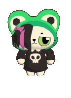 a stuffed animal wearing a green hat and a black skull shirt