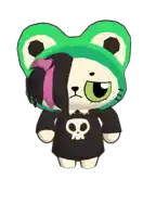 a stuffed animal wearing a green hat and a black skull shirt