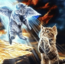 a painting of a cat with angel wings and another cat