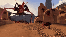a computer generated image of a group of bugs standing on a dirt road