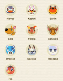 a list of animal crossing characters with names like felicia and narciso