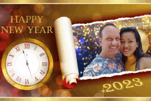 a happy new year greeting card with a clock and a picture of a man and woman