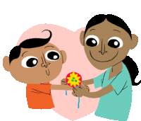 a cartoon drawing of a woman giving a flower to a child