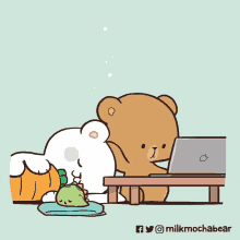 a cartoon of two bears looking at a laptop computer