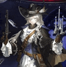 a woman in a cowboy hat is holding a gun and a candle .
