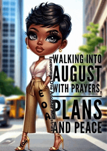 a poster that says walking into august with prayers plans and peace on it
