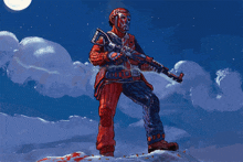 a pixel art drawing of a man holding a rifle in the snow