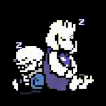 a pixel art drawing of two skeletons sleeping on a bed .