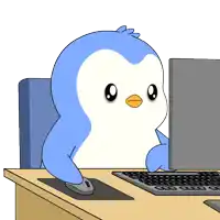 a cartoon of a penguin sitting at a desk looking at a computer screen