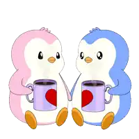 two penguins sitting next to each other holding coffee cups with hearts on them