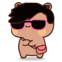 a cartoon bear wearing sunglasses and holding a pink purse