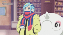 a girl with blue hair and a scarf around her neck is standing next to a white monster