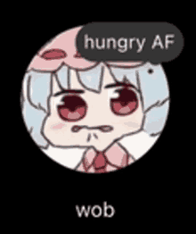 a cartoon of a girl with a speech bubble that says hungry af wob .