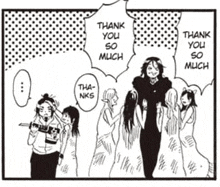 a group of people are standing next to each other and one of them says thank you so much in a speech bubble