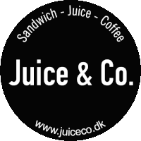 the logo for juice & co. shows a sandwich juice and coffee