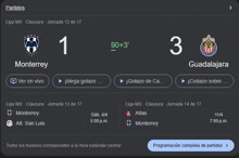 a screen shows a score of 1 to 3 for monterrey and guadalajara
