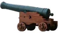 a black cannon with a wooden base and wheels on a white background