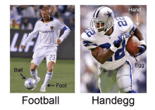 a picture of a football player and a picture of a football player with the words football and handegg