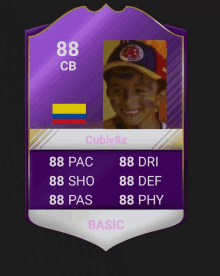 a purple card with a picture of a boy and the number 88 cb